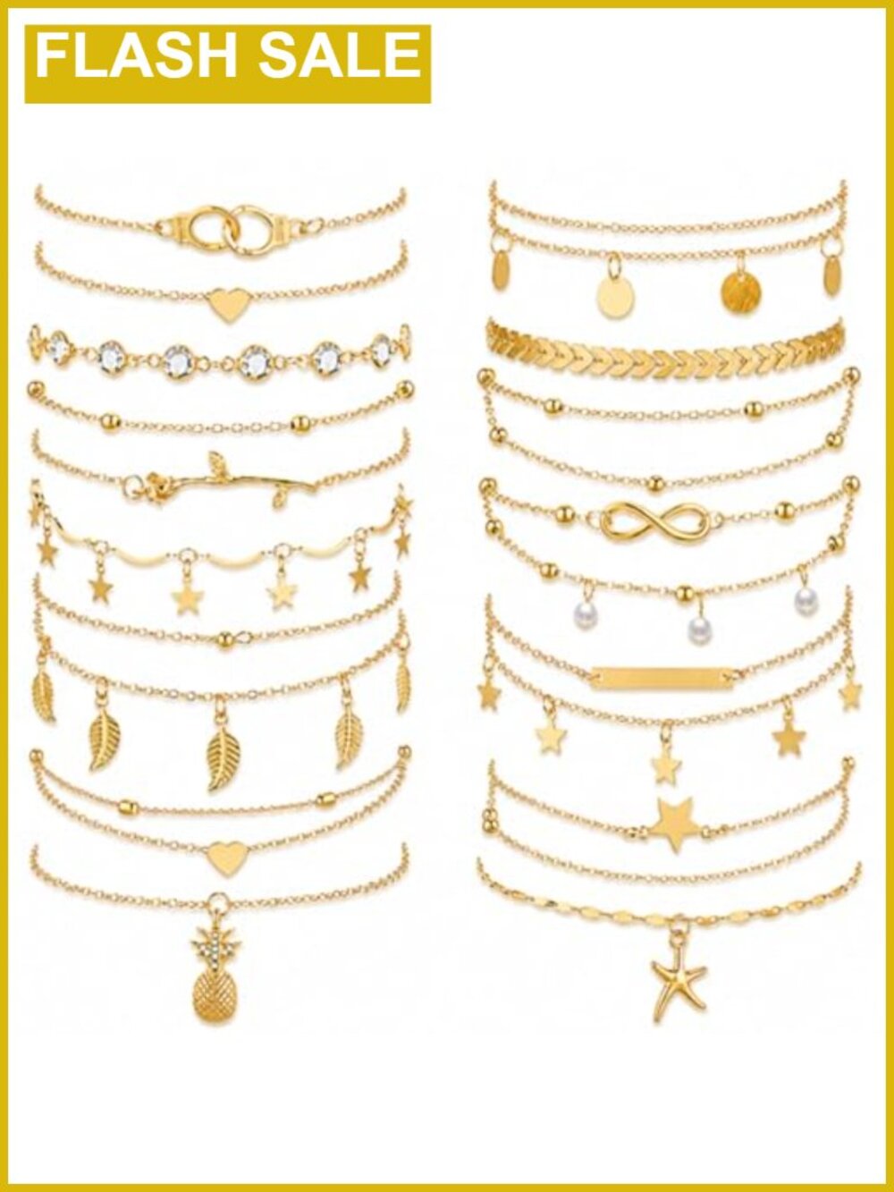 16 Pcs Ankle Bracelets for Women Alloy Plated Layered Chain
